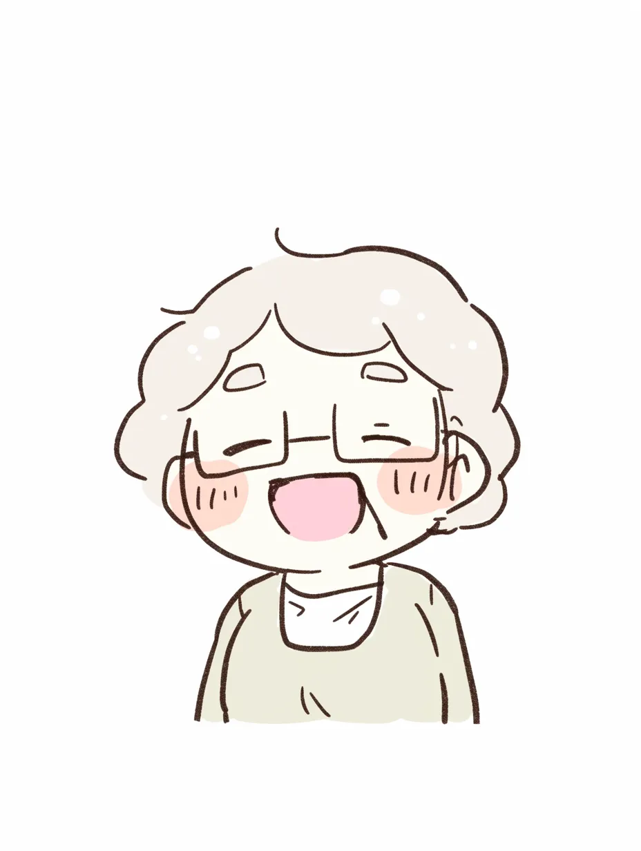 朗らかなおばあさんの満面の笑顔｜シンプルで温かみのある線画と淡い色彩が特徴のイラスト。おばあさんの満面の笑顔が幸福感を与え、親しみやすさを感じさせるデザイン。柔らかいタッチが優しさを表現している。