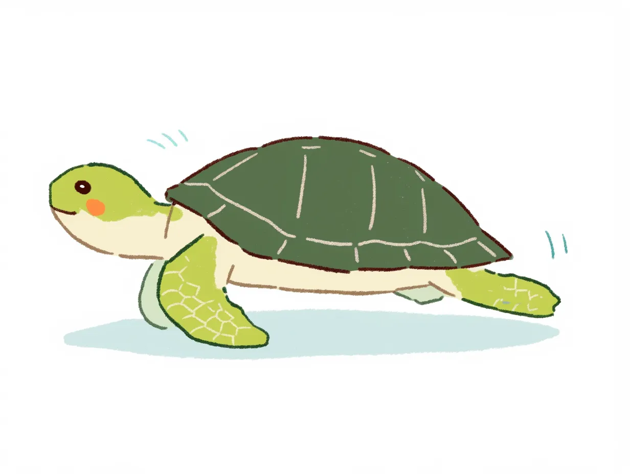 ミドリガメ　元気に歩くカメさん｜柔らかい線と淡い色合いで描かれたイラスト。ミドリガメが前のめりに進む様子が愛らしく、見る人に元気を与えるデザインです。