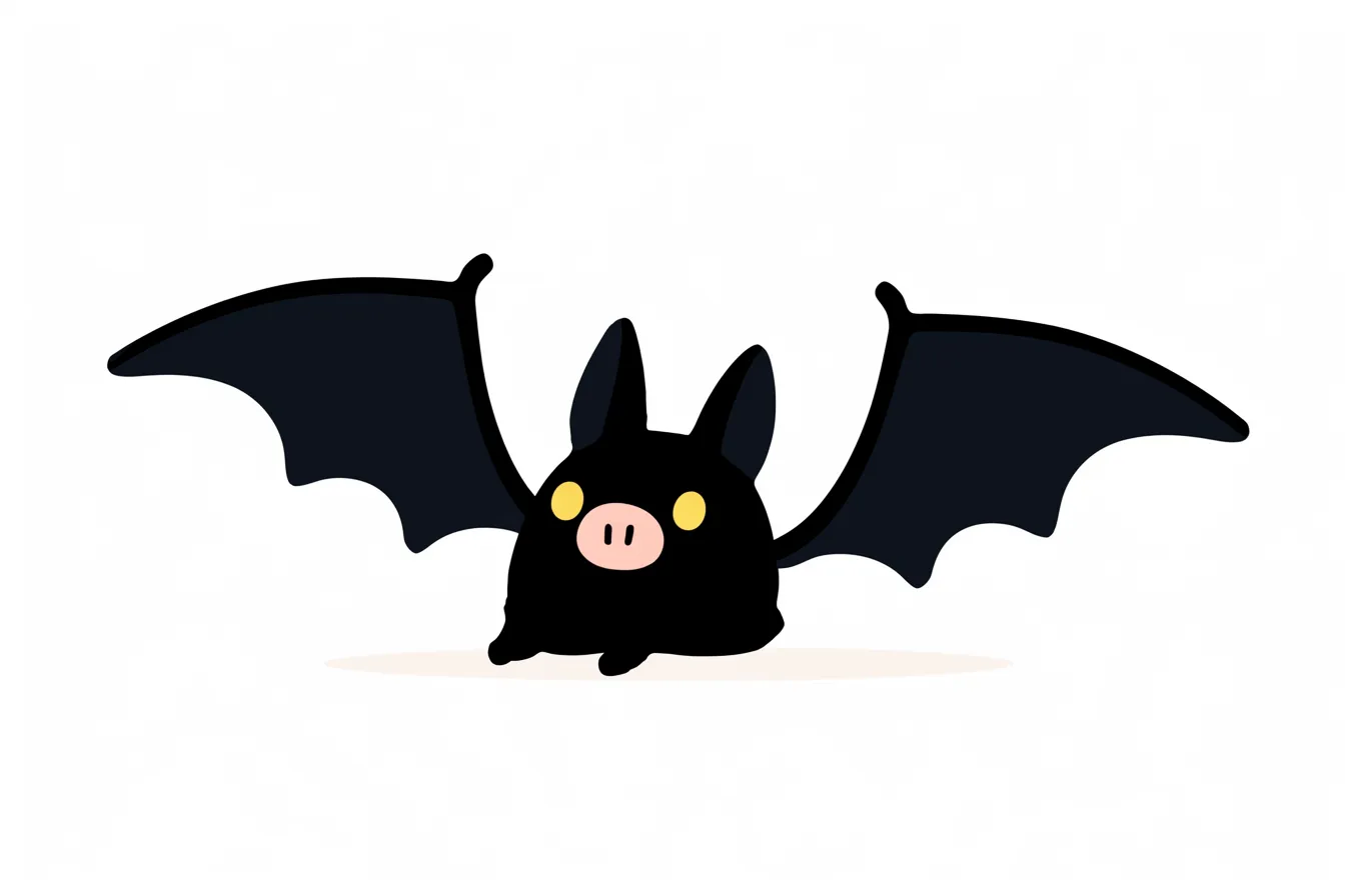 ハロウィンコウモリのかわいいデザイン｜シンプルな線と丸みを帯びたフォルムが特徴のコウモリのイラスト。ハロウィンコウモリらしく、遊び心のある可愛らしい雰囲気を持つ。