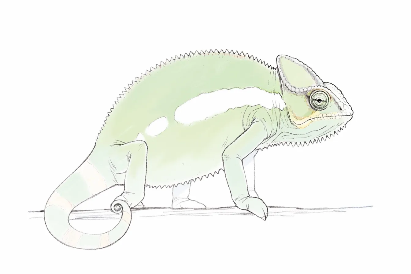 手書きカメレオン　繊細な線で描かれた写実風｜細かなタッチと優しい色彩が調和した、ややリアル寄りの手書きカメレオン。体の模様や質感が丁寧に表現され、柔らかな雰囲気の中に確かな存在感がある。