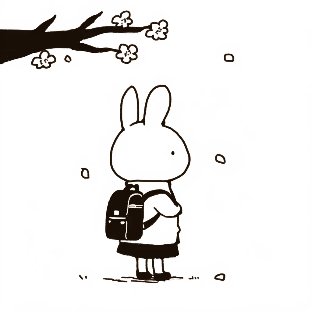 手書きの入学の日のうさぎ｜桜の木の下でランドセルを背負ったうさぎが静かにたたずむ。黒一色のシンプルな描写が、手書きの入学の日の感慨深い雰囲気を漂わせる。