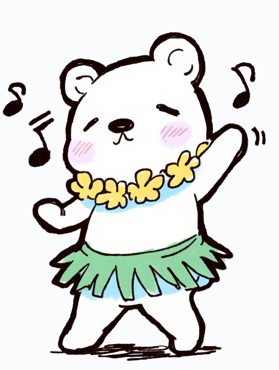 手書きフラダンスを楽しむくま｜丸みを帯びたフォルムと優しい表情が魅力的なくまのキャラクター。手書きの味わいが、フラダンスのリラックスした雰囲気を可愛らしく表現しています。