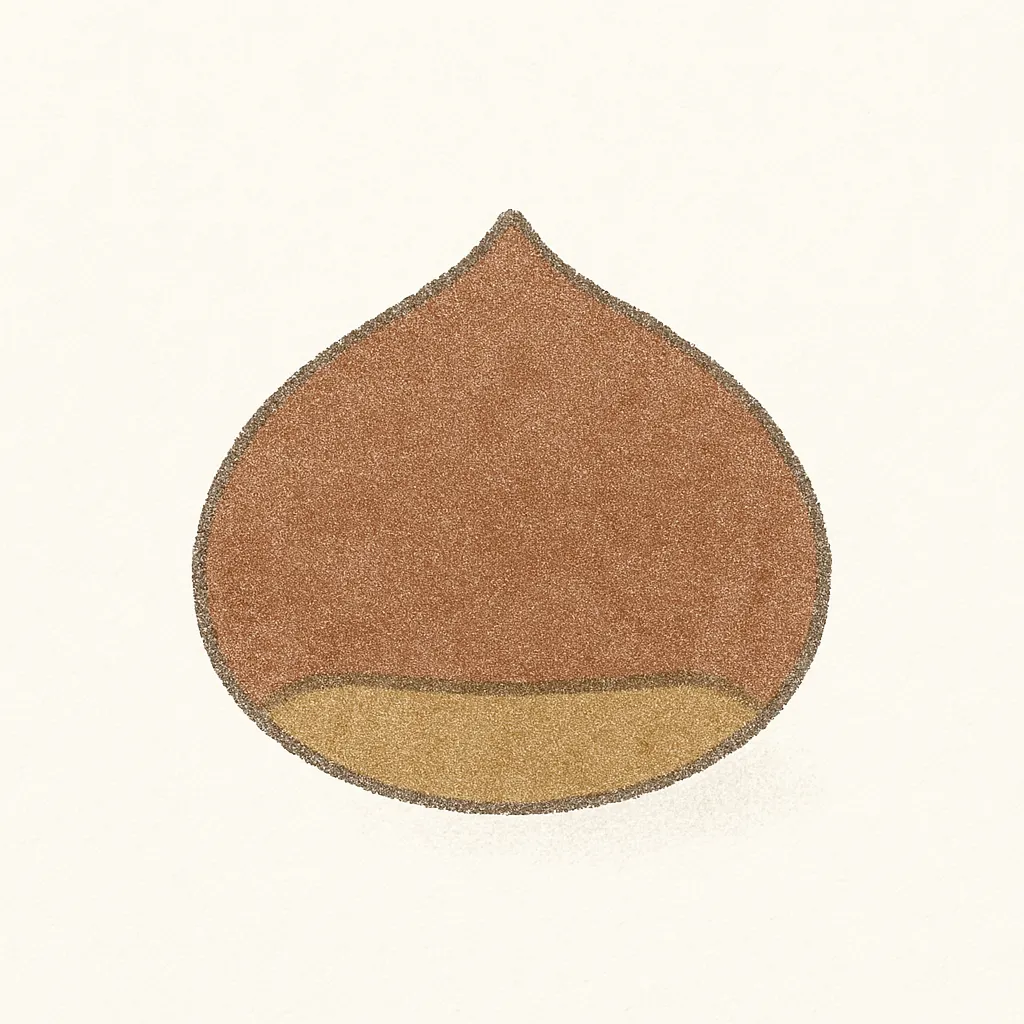 くり（手書きクレヨン風）｜ころんと丸く先のとがったシルエットが特徴的な、手書きのくり。殻付きの質感が丁寧に表現され、下部の色分けで自然なリアルさが引き立っています。素朴で温かみのあるポップなテイストに仕上がっています。<br>