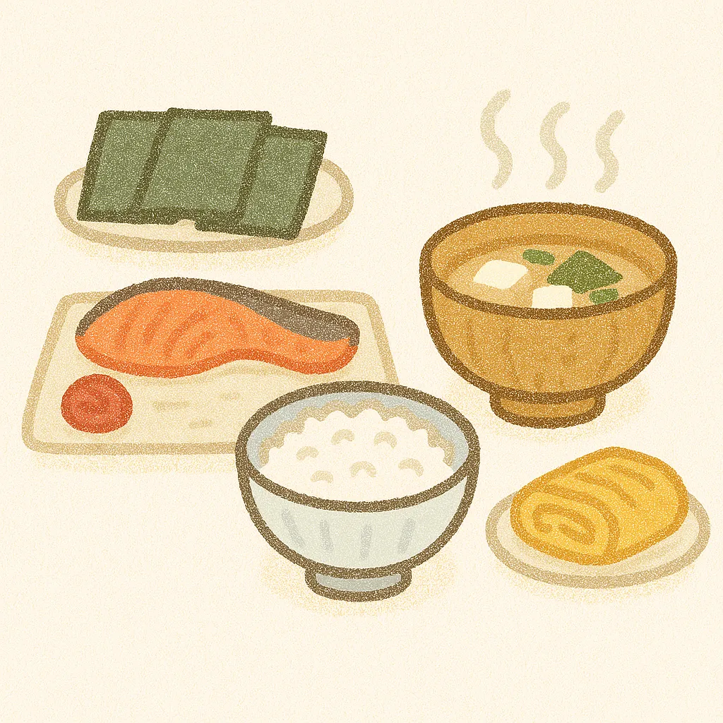 手書きクレヨン風の朝食｜ごはん・味噌汁・焼き鮭などが揃った和定食を、落ち着いた色調と丁寧な筆致で表現した手書きイラスト。手書きならではの素朴な雰囲気が、朝の静けさや温もりを感じさせる。