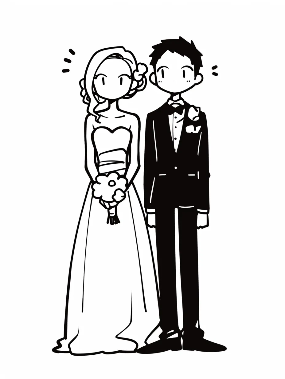 手書き結婚・モノクロの優雅な姿｜モノクロのはっきりとした線で描かれた新郎新婦のイラスト。洗練されたシルエットが特徴で、シンプルながらも上品な印象。手書き結婚ならではの温かみを感じさせるデザイン。