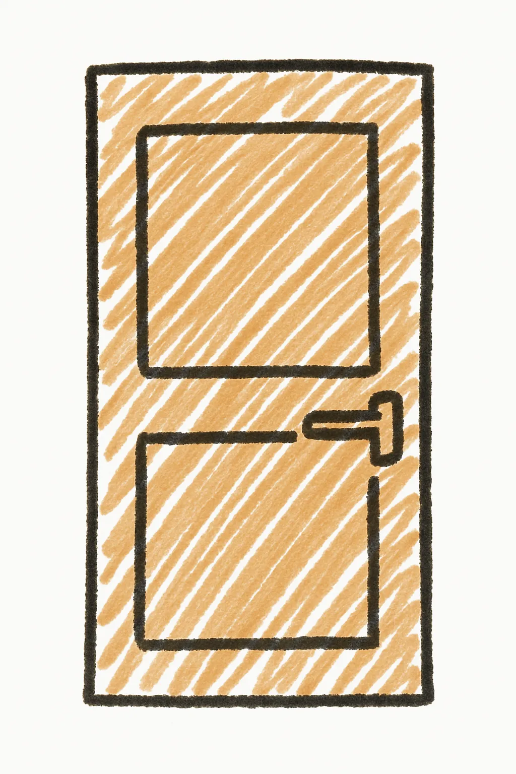 手書きラフ塗りののシンプルなドア｜黒の極細アウトラインで描かれたトイレドアは、外枠や表示プレート、取っ手部分にかけて複数の大きめの隙間が設けられており、実用的なモチーフながら手描きならではの親しみやすさと抜け感が表現されている。扉の本体は淡いグレー〜ブラウン系の斜線塗りで構成され、中央には「トイレ」マークにあたる記号やアイコンが軽く描き込まれてアクセントに。ドアの上部や下部の細部にも揺らぎあるラインが活かされ、白背景によって全体がくっきり浮かび上がる。生活感と清潔感が両立した、使いやすく柔らかな一枚。