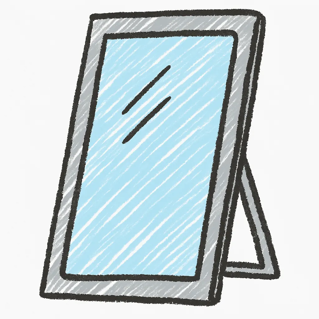 手書きラフ塗りのの鏡｜黒の極細アウトラインで描かれた洋風窓は、縁やガラスの仕切り部分に複数の隙間が施され、格子窓特有のクラシカルな構造に柔らかな抜け感を加えている。窓枠はブラウン系の斜線塗りで構成され、木製らしいぬくもりがあり、縦横に区切られたガラス部分には淡いブルーの塗りで透明感が演出されている。全体の構図には手描きの揺らぎが活かされ、白背景によりすっきりとした印象に。欧風建築や室内インテリアのアクセントに適した、優しく上品な一枚。