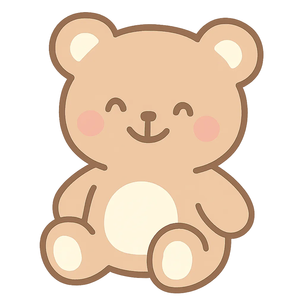 手書きラフ塗りのぬいぐるみのかわいい笑顔｜柔らかいブラウン系で描かれた手書きのぬいぐるみは、にっこりとした笑顔とピンクのほっぺが魅力。全体にやさしいラインが使われており、ぬくもりある雰囲気がただよう癒し系の仕上がり。