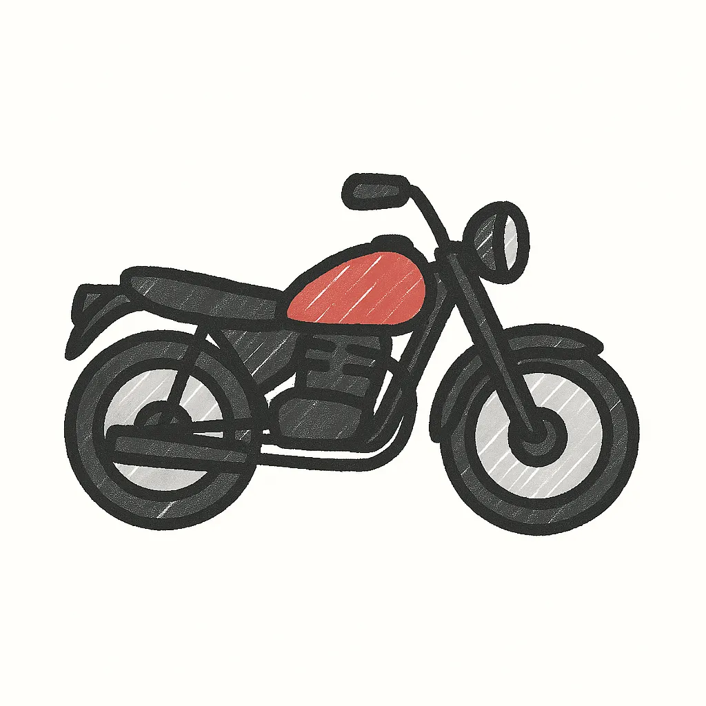 手書きラフ塗りのオートバイ｜全体をコンパクトにまとめた車体を黒線で構成し、赤系の斜線で力強く塗装。タンクとシート、ライトなどを明確に描き、日常的なバイクの印象に。