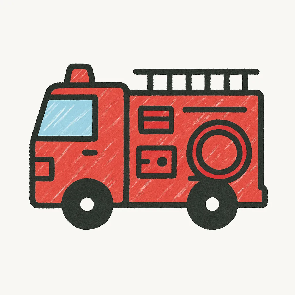 手書きラフ塗りの消防車｜四角いボディに梯子と装備を黒線で表現し、全体は赤のハッチングで力強く塗装。緊急車両らしい存在感とわかりやすさを重視した構成。