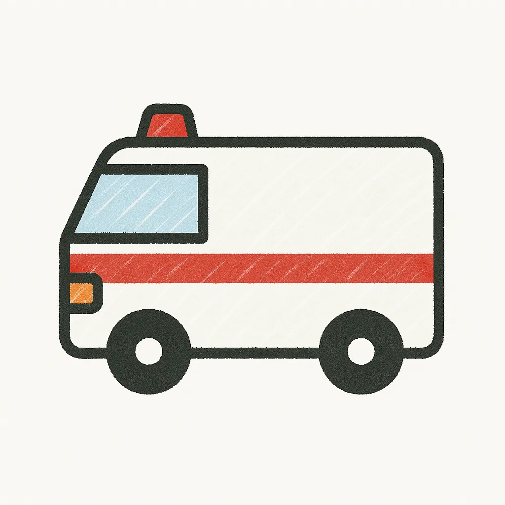 手書きラフ塗りの救急車｜白ベースに赤のラインを斜線塗りで描き、車体はやや縦長の箱型に。サイレン部分を明確にし、安心感と機能性を伝えるシンプルなデザイン。