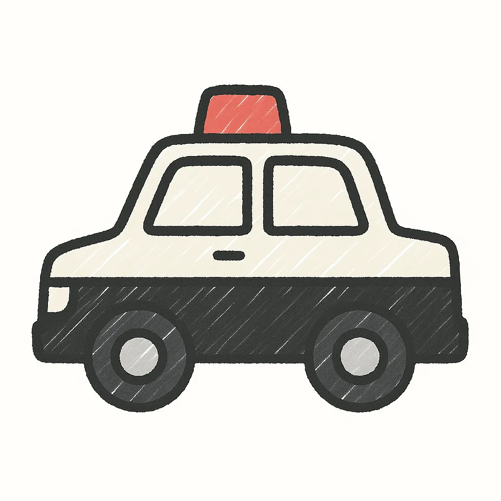 手書きラフ塗りのパトカー｜白と黒の車体をシンプルな黒線で描き分け、上部に赤のサイレンを追加。直線的なフォルムで公的な印象を強調した構図にまとめている。