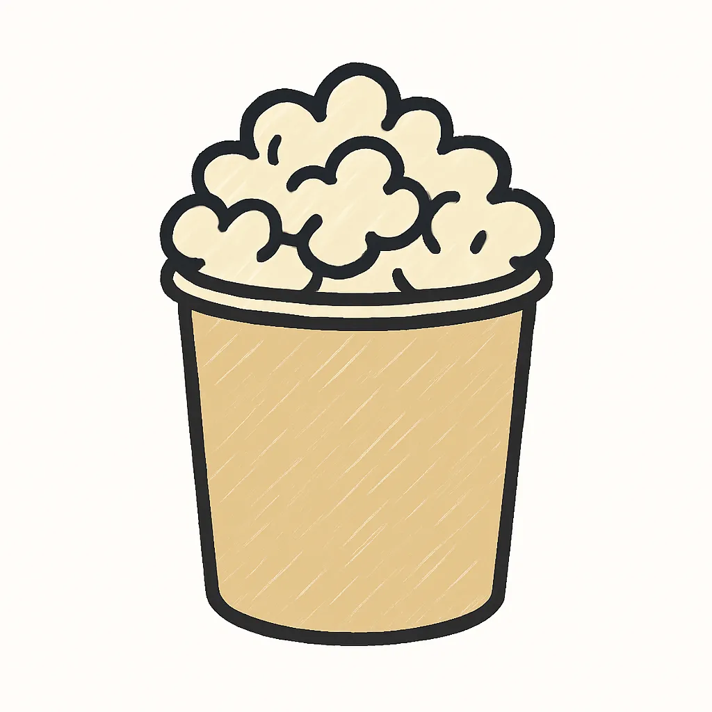 手書きラフ塗りのポップコーン｜紙カップにこんもりと盛られたポップコーンを手描き線で描写。カップはベージュ系でシンプルな円筒形、ポップコーンはクリーム色でランダムにふくらんだ形を表現。中央配置で温かく親しみある雰囲気に仕上げた。