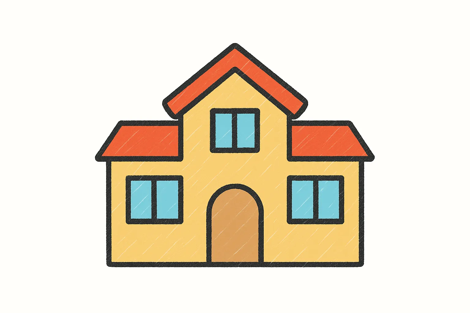 手書きラフ塗りの小学校｜明るい色調の平屋または2階建て校舎に、大きめの窓と正面玄関を配置し、親しみやすく安心感のある外観に。ベージュや水色を基調に、屋根には赤系を使用。