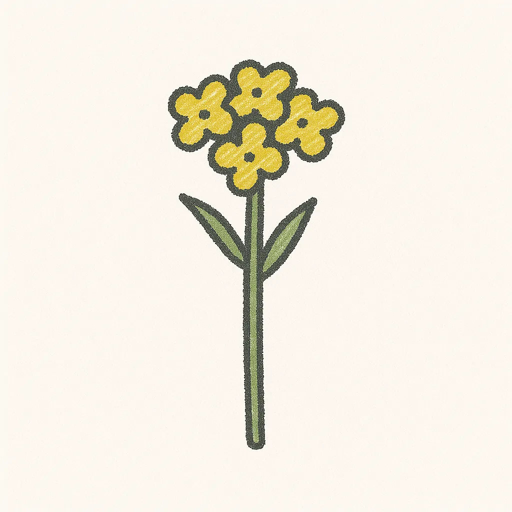手書きラフ塗りの菜の花｜小さな花びらを複数束ねた形を黒線で簡略化し、黄色の斜線ハッチングで明るさを演出。茎と葉は緑系で細く添え、春らしい軽やかさを白背景に映す構図。