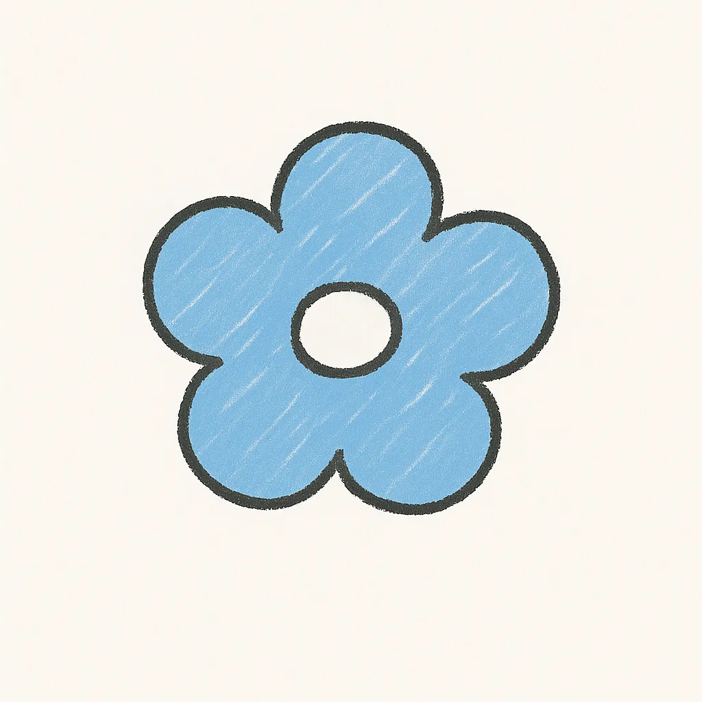 手書きラフ塗りのネモフィラ｜丸みのある5弁花を柔らかい青系で塗り、中央に白の抜き部分を残すよう配置。黒線は控えめに波打たせ、春の野に咲く可憐な印象を強調した構成。