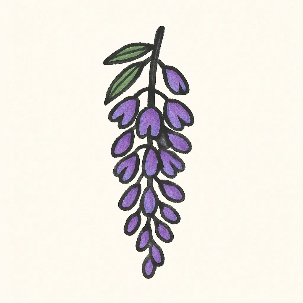 手書きラフ塗りの藤の花｜垂れ下がる花房を黒い手描き線で複数重ね、淡い紫と青系の斜線で涼しげに着彩。縦長構図で流れをつけ、日本的な優雅さと柔らかさを引き出す。