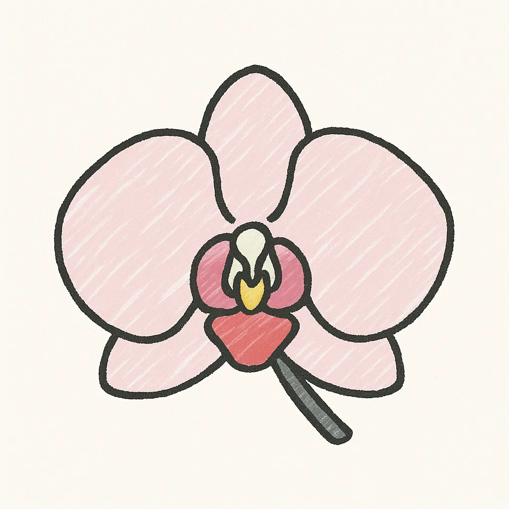 手書きラフ塗りの胡蝶蘭｜大きく丸みのある花弁を黒線で柔らかく囲み、白地に淡いピンクの斜線を重ねて華やかに演出。中央部は黄色と赤をワンポイントに入れ、上品な蘭の姿に仕上げる。