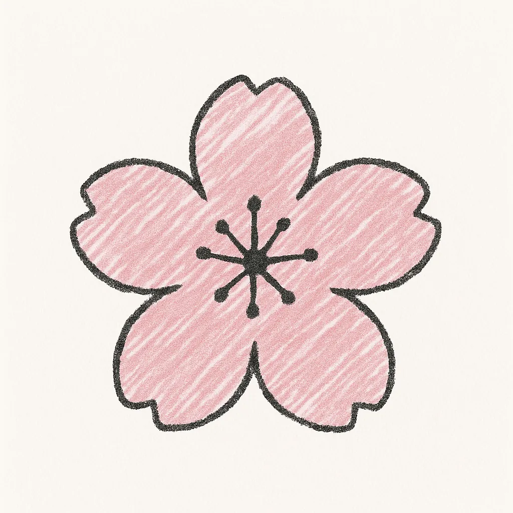 手書きラフ塗りの桜の花びら｜黒い揺らぎ線で花びらの輪郭を描き、淡いピンクを斜線で塗り分け。5枚の花弁が少し重なり、中央に軽く濃淡を入れて立体感を演出。紙面中央にふんわりと配置。
