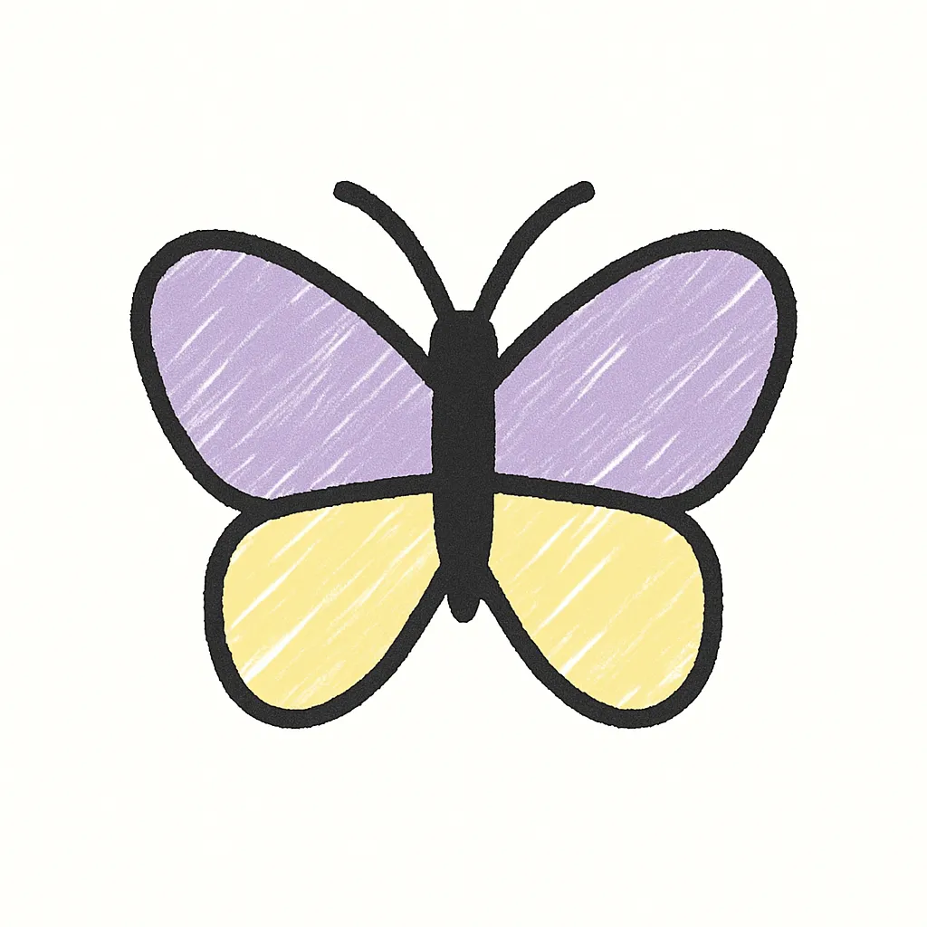 手書きラフ塗りのちょうちょ｜左右対称の羽を広げた構図で、パステル調の紫や黄をランダムにハッチング。体は細く、全体にやさしく軽やかな雰囲気を出したラフなスタイル。