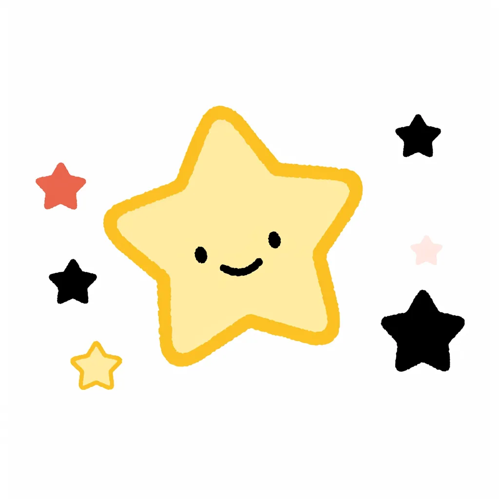 手書き星・笑顔がかわいいポップなデザイン｜にっこりとした表情の星がかわいらしいイラスト。周囲のカラフルな小さな星が楽しい雰囲気を加え、優しく温かみのある仕上がりになっている。
