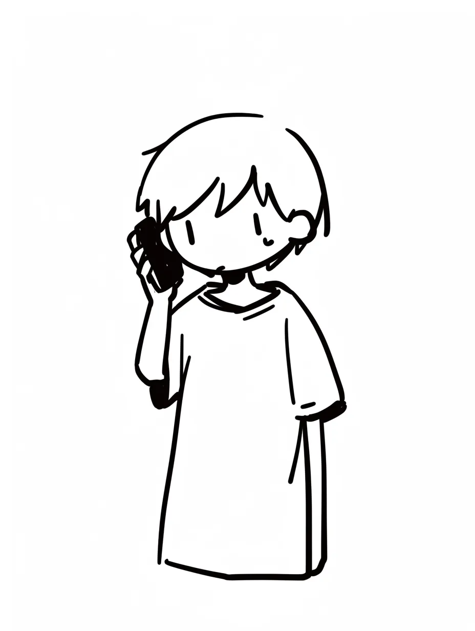 手書き電話・ゆるい雰囲気の少年｜ラフなタッチで描かれた少年がスマートフォンで会話する姿が、ゆるい雰囲気を醸し出している。シンプルな線と大きめの服のデザインが、リラックスした印象を与える。手書き電話のやわらかな雰囲気が活かされたイラスト。