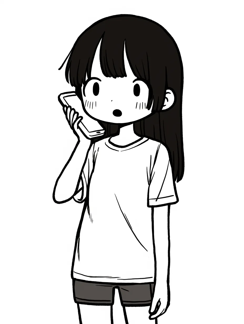 手書き電話・ロングヘアの少女｜スマートフォンを持って驚いた表情を浮かべるロングヘアの少女が、繊細な手書きのタッチで描かれている。モノクロの柔らかな描線が、優しさと親しみやすさを強調。手書き電話の素朴な魅力が引き立つイラスト。