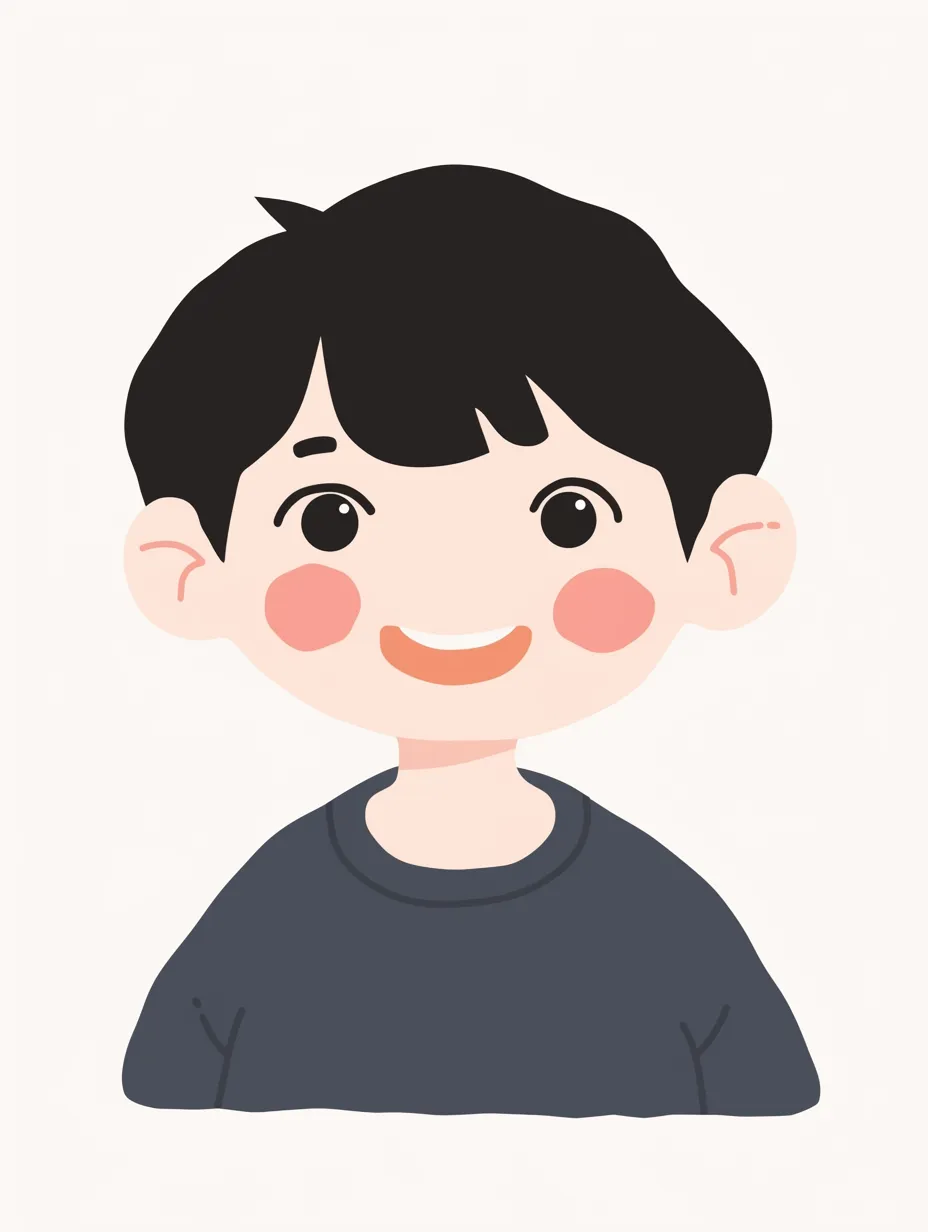 嬉しい顔のシンプルな男の子｜落ち着いた色合いで描かれた男の子が優しく微笑むイラスト。柔らかな線とふんわりした表現が特徴で、嬉しい顔が自然な温かみを感じさせるデザインになっている。