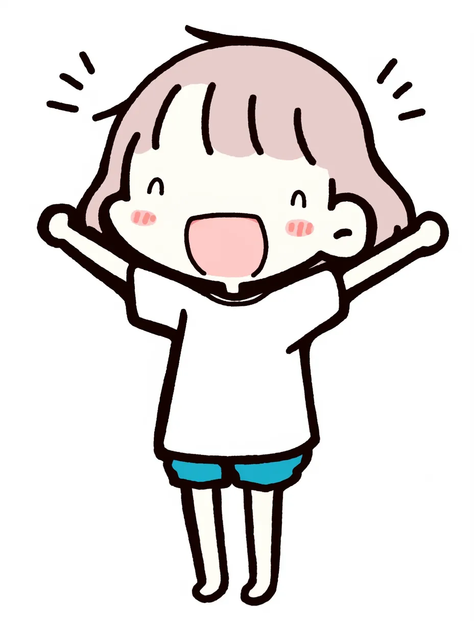 嬉しい顔の元気な女の子｜両手を広げて元気いっぱいに笑う女の子のイラスト。シンプルな線とポップな色合いが特徴で、嬉しい顔が明るく楽しい雰囲気を引き立てている。