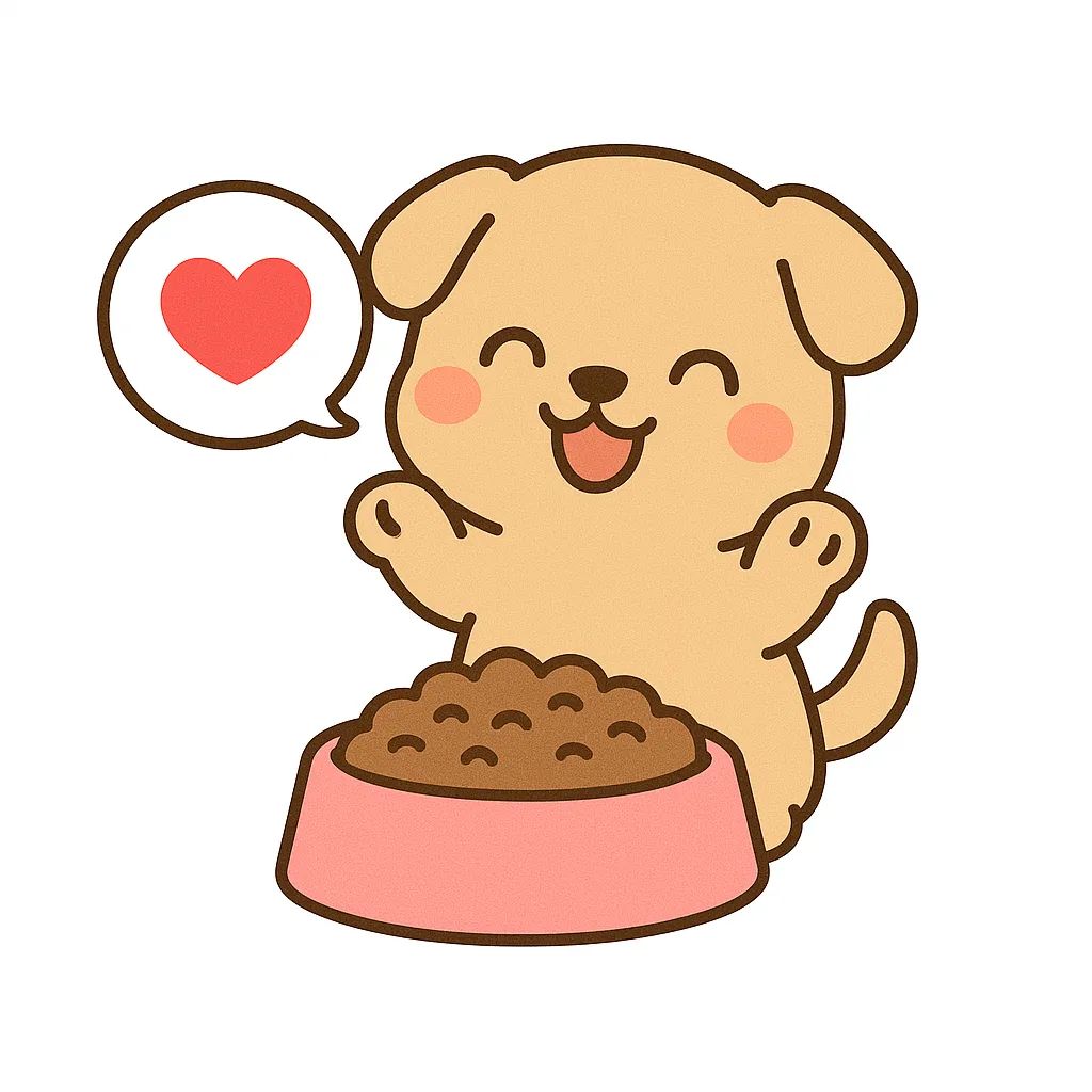 かわいいごはん大好き子犬｜まるいピンクの器に入ったドッグフードを前に、両前足を上げてうれしそうに笑う子犬のイラスト。赤いハートの吹き出しが気持ちを表し、白背景で明るく清潔感があります。
