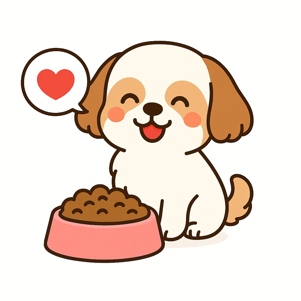 かわいいごはん大好きシーズー｜ふわふわの毛並みと愛らしい顔立ちのシーズーが、ドッグフードを前に笑顔で座るイラスト。丸い顔と赤いほっぺが優しい印象を与え、背景は清潔な白で統一されています。