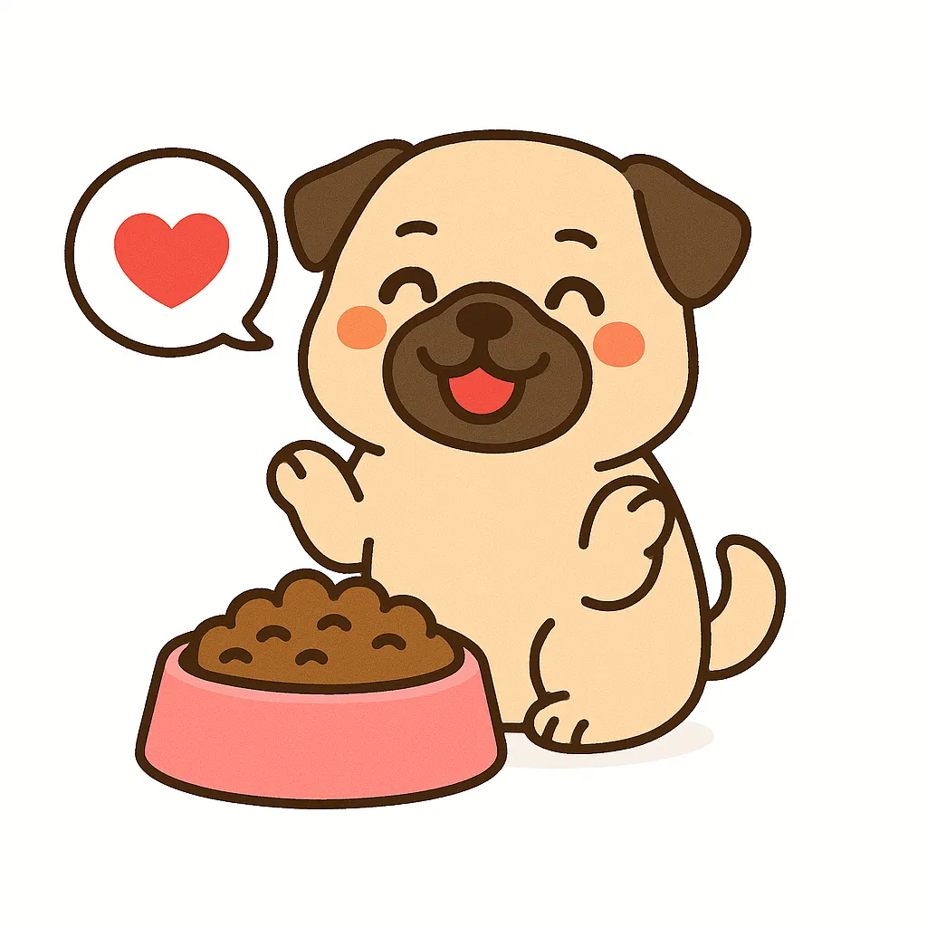 かわいいごはん大好きパグ｜くりっとした目とぺちゃんこの鼻が特徴的なパグが、フードボウルを前にニッコリ笑う表情がかわいいイラスト。ハートの吹き出しとシンプルな白背景で表情が際立ちます。