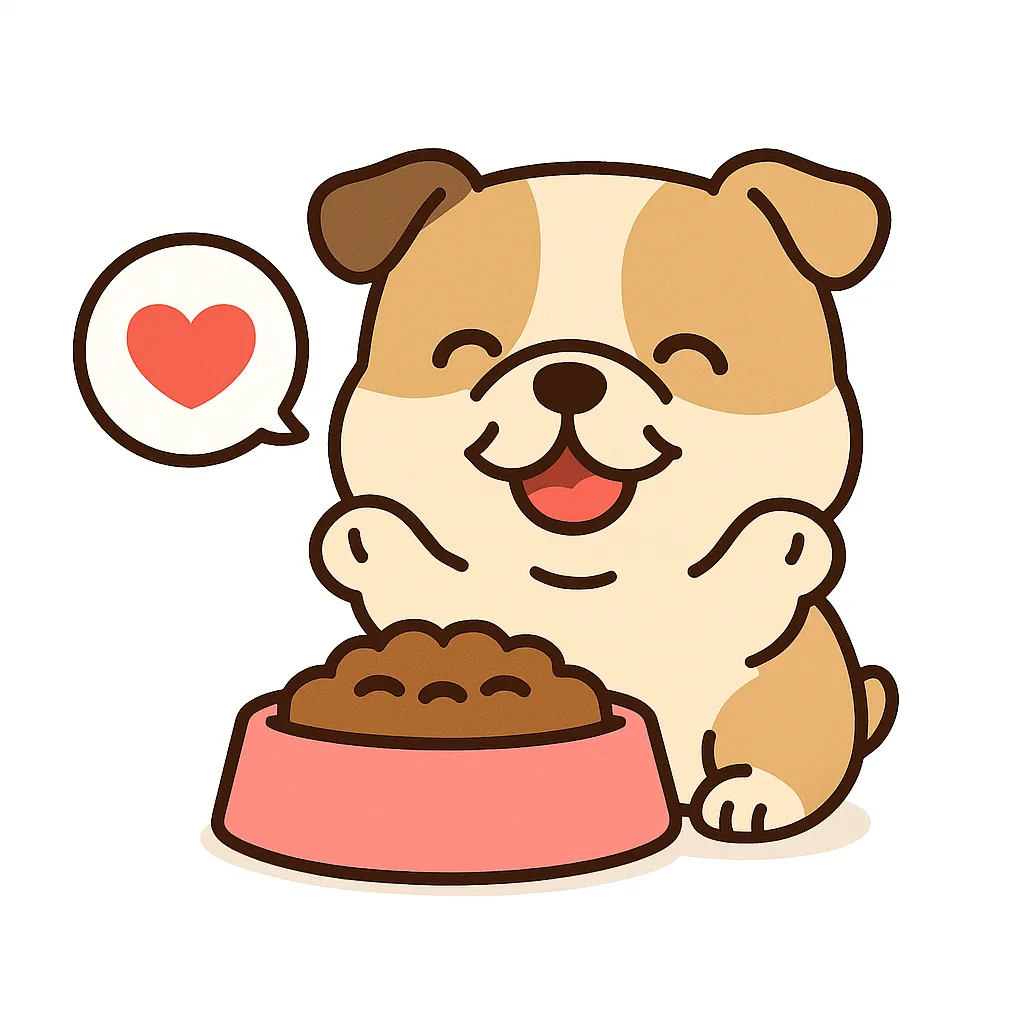 かわいいごはん大好きブルドッグ｜がっしりとした体つきと特徴的なたるみのある顔のブルドッグが、笑顔でごはんを前に座るイラスト。ハートの吹き出しが気持ちを表し、白背景で親しみやすく仕上げています。