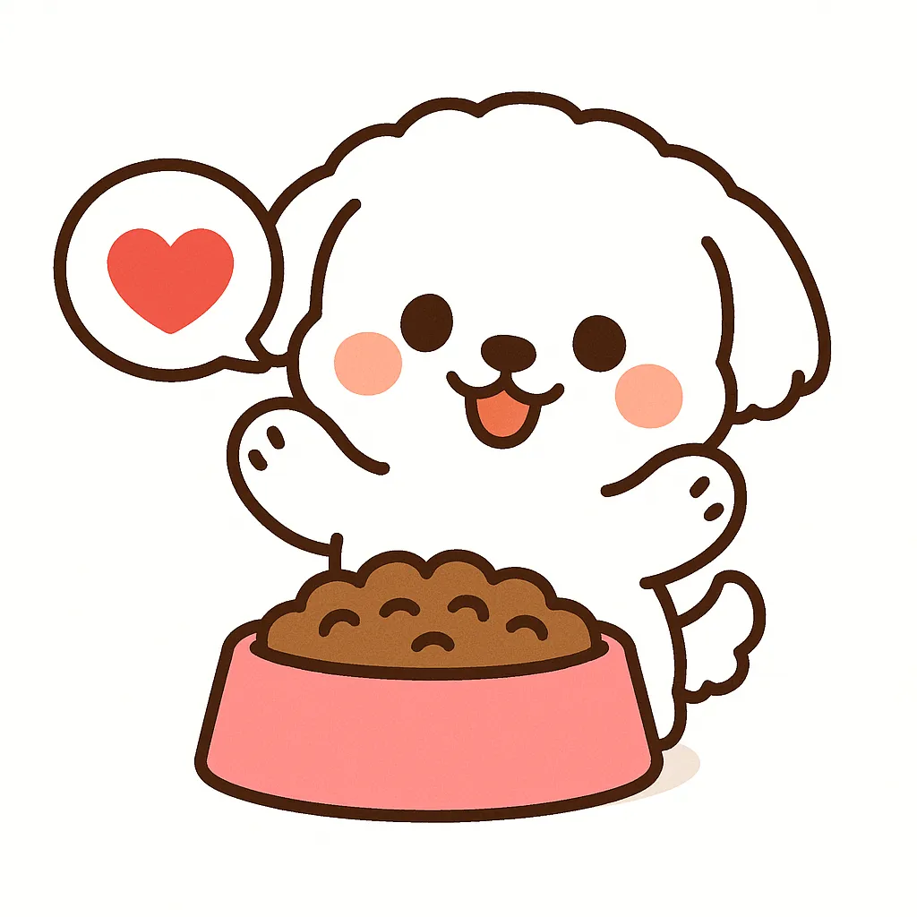 かわいいごはん大好きマルチーズ｜まっ白でふわふわの毛並みが愛らしいマルチーズが、ピンクの器に入ったごはんを前ににっこり笑うイラスト。赤いハートの吹き出しが幸せを表現し、白背景で清潔感たっぷりです。
