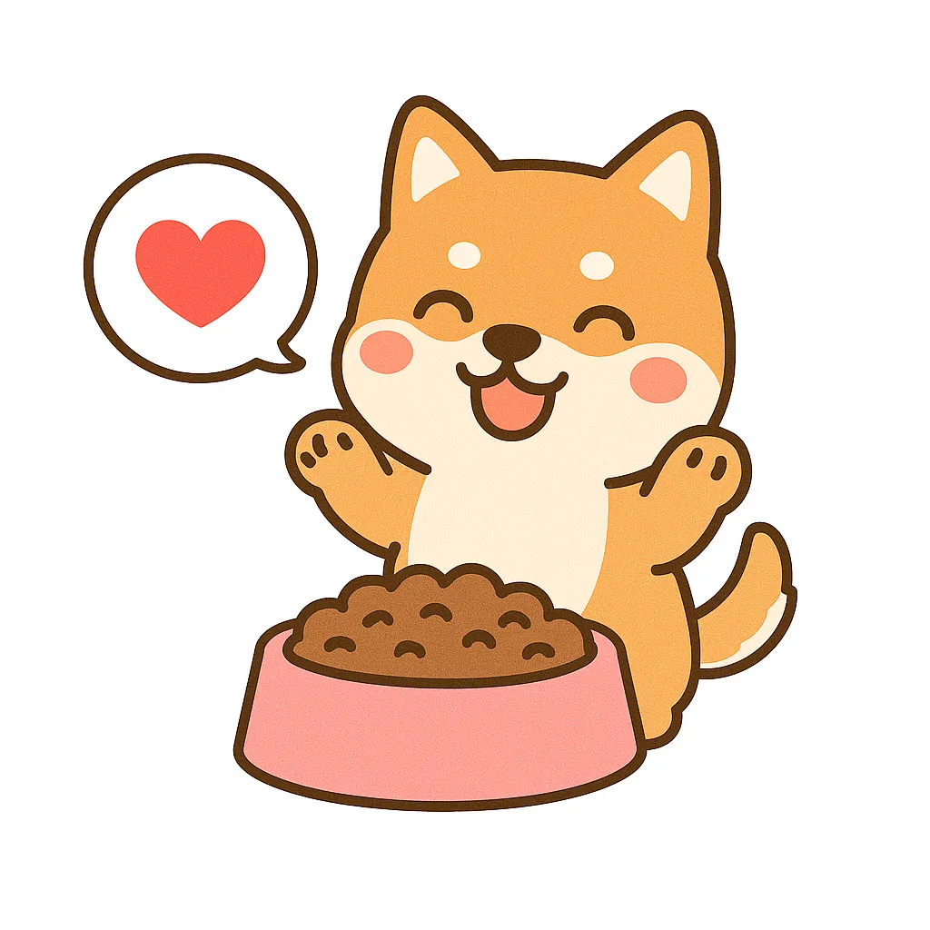 かわいいごはん大好き柴犬｜つぶつぶのごはんが盛られた器の前で、ニコニコ顔で前足を上げる柴犬のイラスト。吹き出しのハートがうれしさを伝え、白背景でシンプルに描かれています。