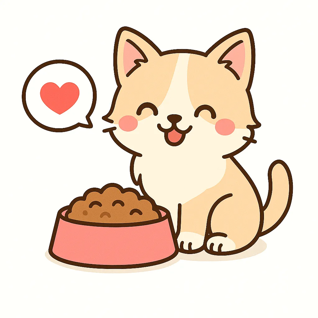 かわいい子猫｜小さな子猫がキャットフードの器の前で、ちょこんと座って嬉しそうに笑うイラスト。あどけない表情と赤いほっぺ、ハートマークの吹き出しが愛らしさを引き立てます。