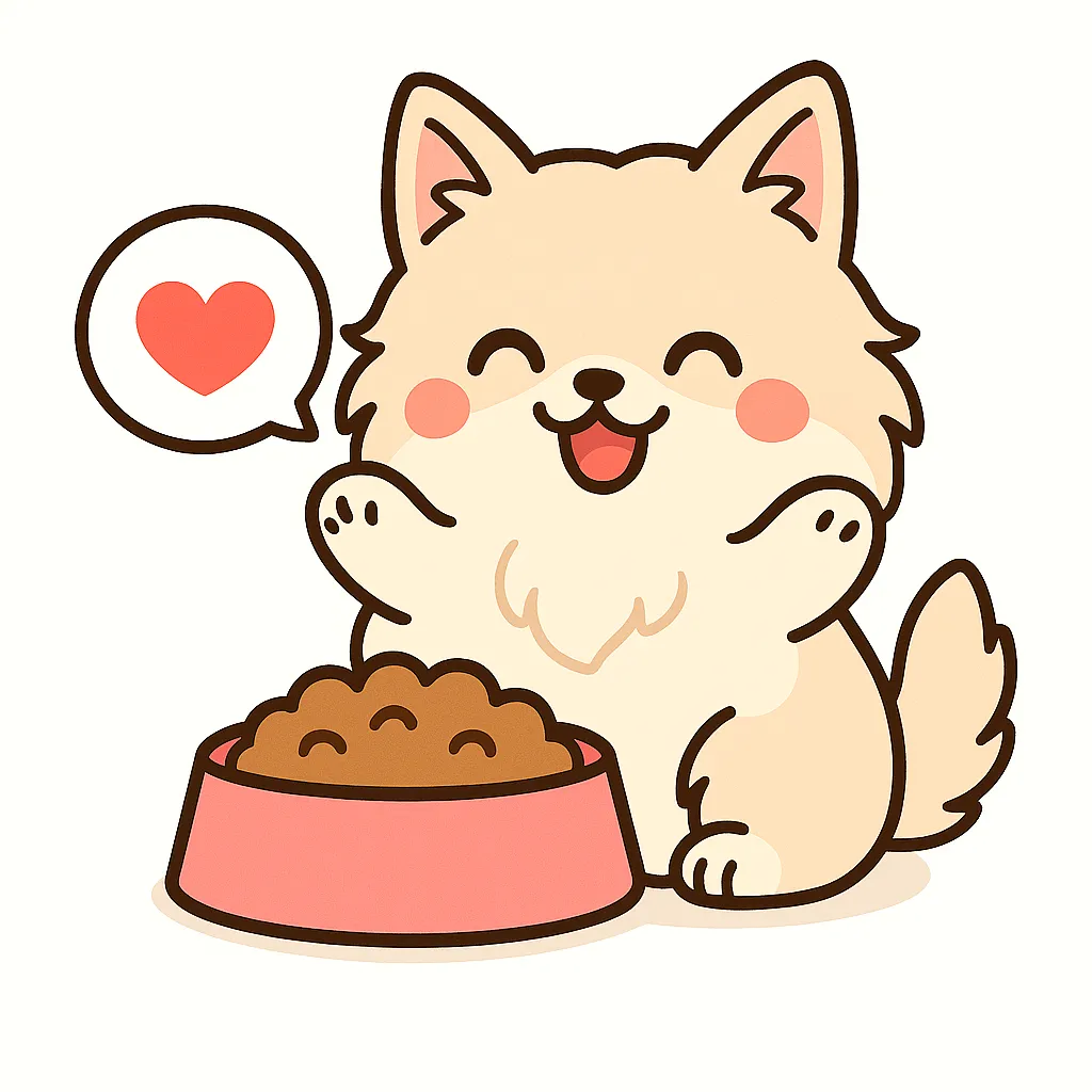 かわいいもふもふ猫｜毛がふわふわの長毛種の猫が、ピンクの器に入ったごはんを前に笑顔で前足を上げるイラスト。ボリュームのある毛並みとハートの吹き出しが温かい雰囲気を演出します。