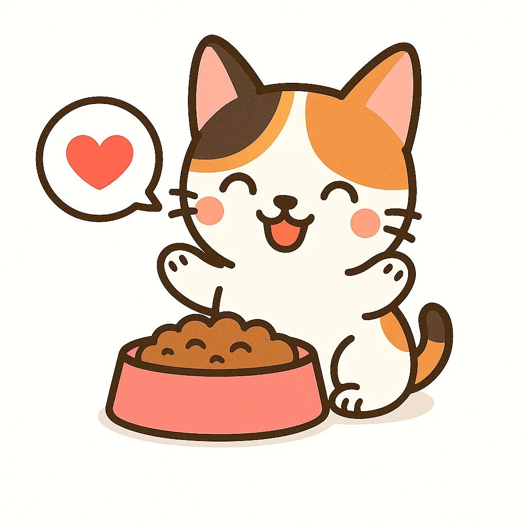 かわいい三毛猫｜茶・白・黒の模様が可愛い三毛猫が、キャットフードの入ったピンクの器に喜びの笑顔を見せるイラスト。赤いほっぺとハートの吹き出しで、楽しい食事のひとときを表現しています。