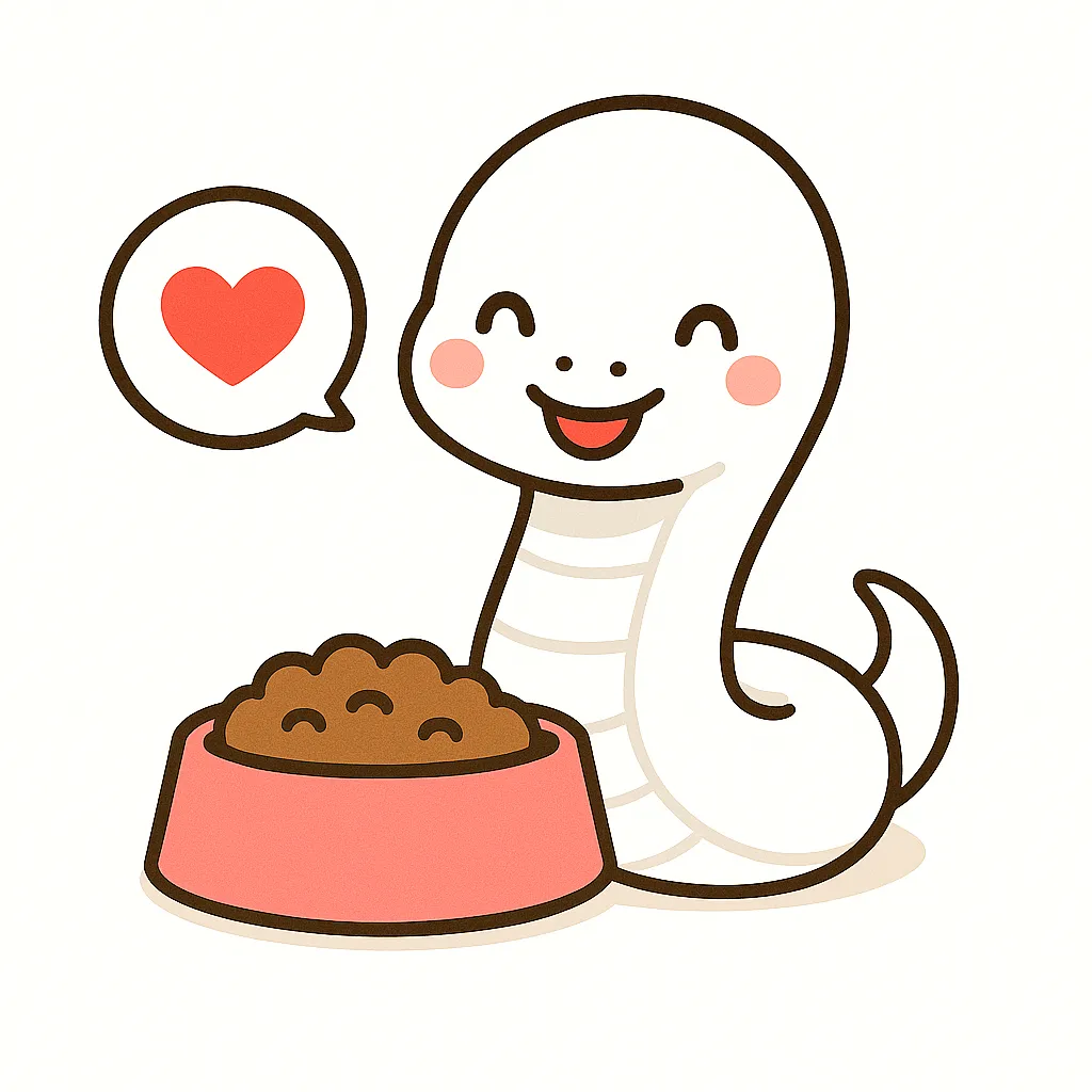 かわいい白ヘビ｜真っ白な体が美しい白ヘビが、ピンクの器の前でごはんを喜ぶ姿を描いたイラスト。にっこり笑顔とハートマークの吹き出しが、縁起の良い印象をかわいく演出しています。