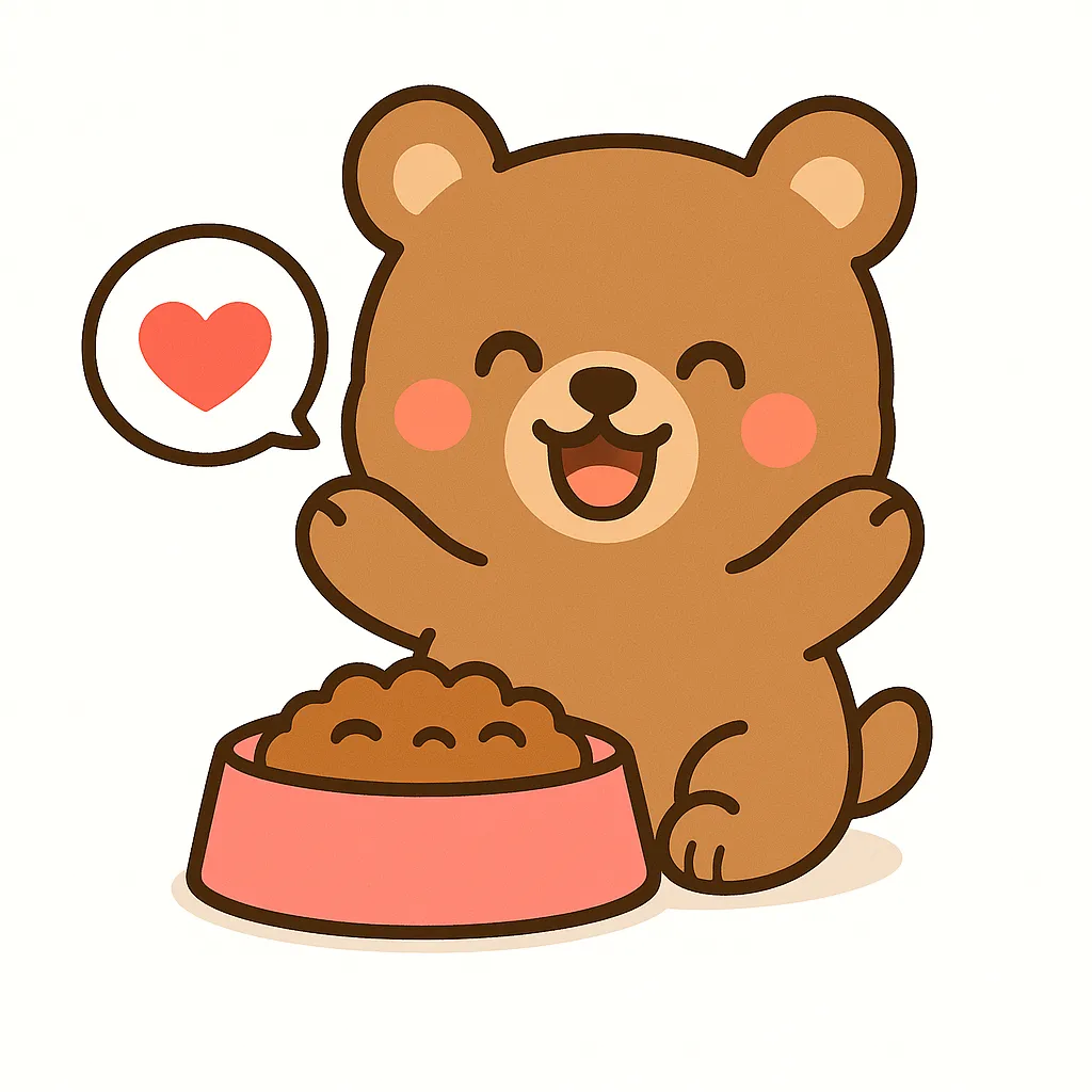 かわいいくま｜茶色い毛並みのくまが、ピンクの器に入ったごはんを前に両手を上げて笑うイラスト。赤いほっぺとハートの吹き出しが嬉しさを引き立てる、やさしい表情が魅力です。