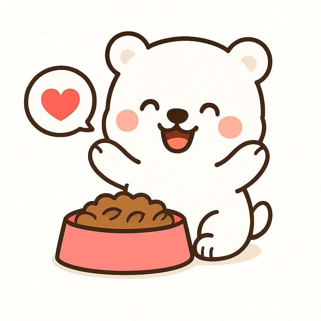 かわいい白くま｜ふわふわの白い毛が特徴の白くまが、ごはんを見て喜ぶ姿を描いたイラスト。笑顔と赤いほっぺ、ピンクの器が白背景に映えて清潔感ある仕上がりになっています。