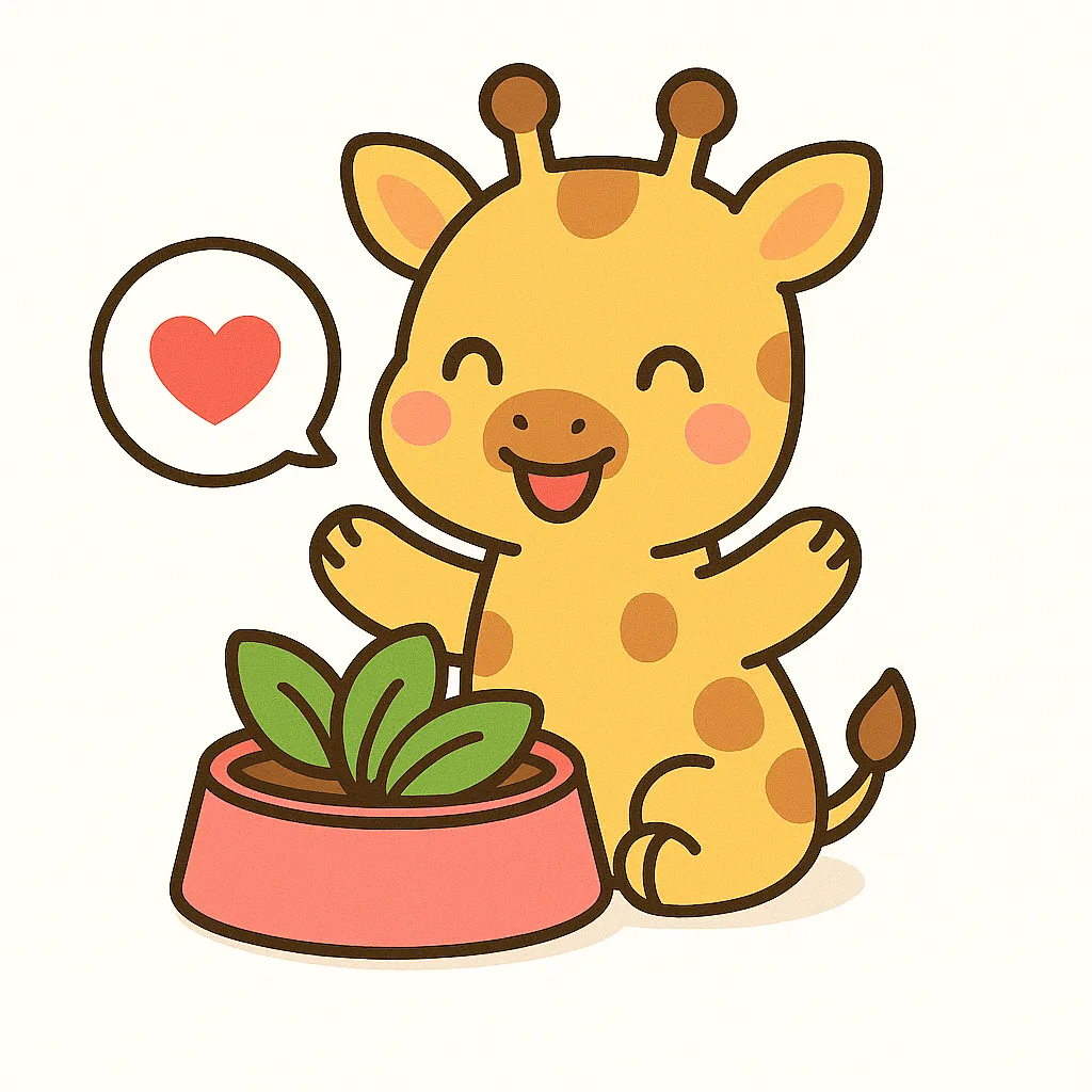 かわいいきりん｜首の長いきりんがピンクの器に入った葉っぱを見て嬉しそうにしているイラスト。やさしい表情と赤いほっぺ、ハートの吹き出しがかわいくまとまっています。