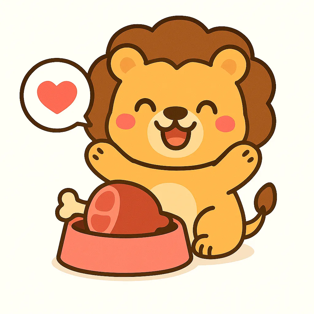 かわいいライオン｜立派なたてがみを持つライオンが、ピンクの器に入ったお肉を前に嬉しそうに笑うイラスト。赤いほっぺとハートの吹き出しが、野性味とかわいさを両立させています。