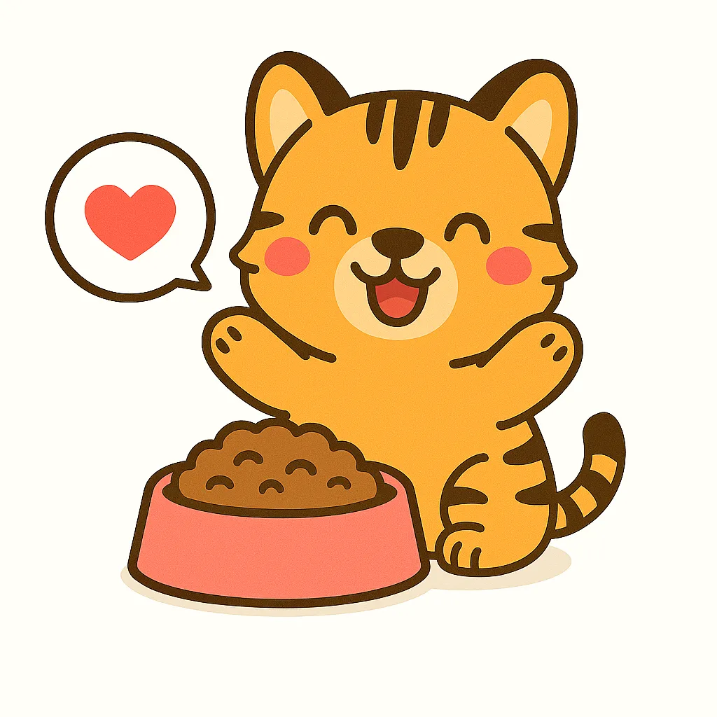 かわいいトラ｜オレンジと黒のしま模様が特徴のトラが、ごはんを前に笑顔を見せるイラスト。前足を上げた元気なポーズとハートの吹き出しが、愛嬌たっぷりの表情を演出しています。