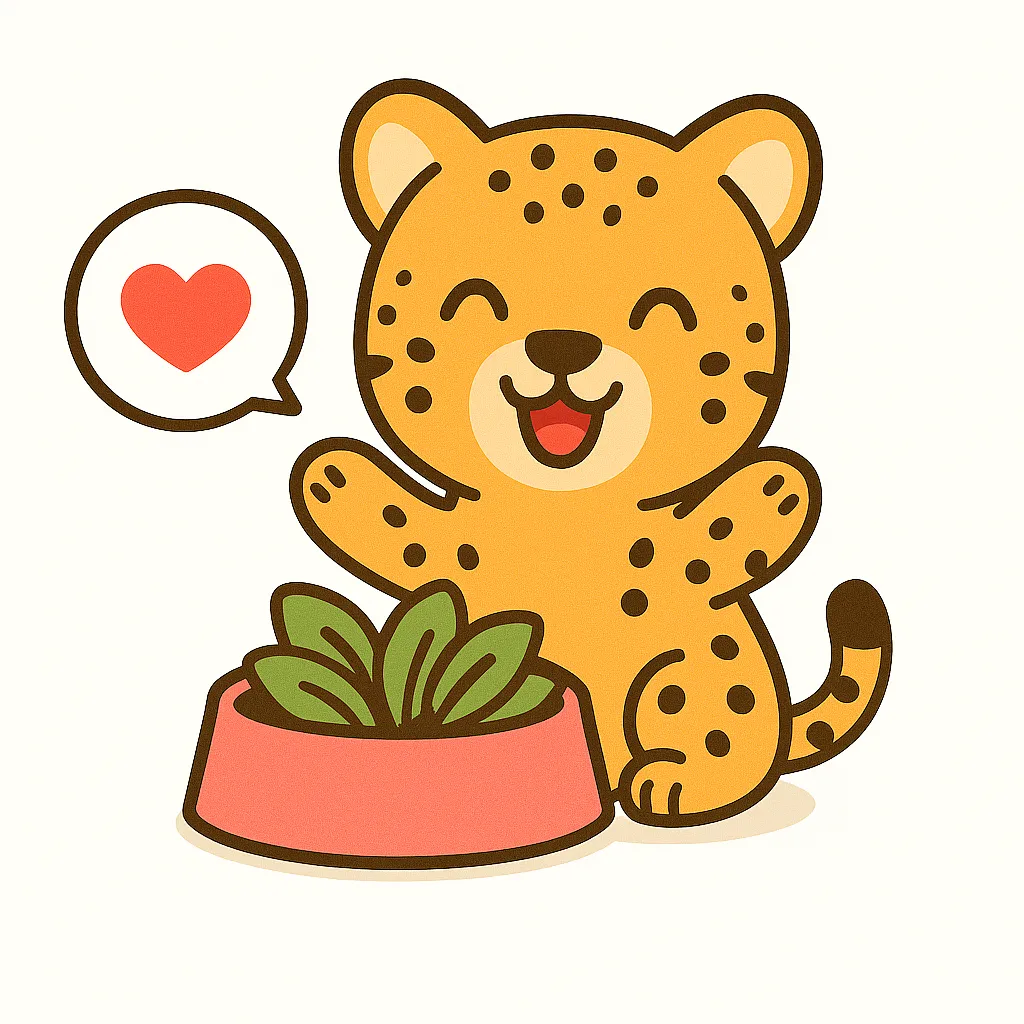 かわいいチーター｜ほっそりした体つきのチーターが、ピンクの器の前で嬉しそうにしているイラスト。顔の黒いラインや斑点模様が特徴的で、ハートの吹き出しが気持ちを伝えています。