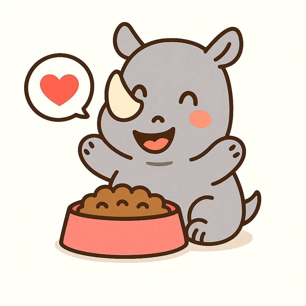 かわいいサイ｜角のついたサイがピンクの器のごはんを前に喜ぶ様子を描いたイラスト。丸みのあるフォルムとハートの吹き出しがやさしくかわいらしい印象を与えています。