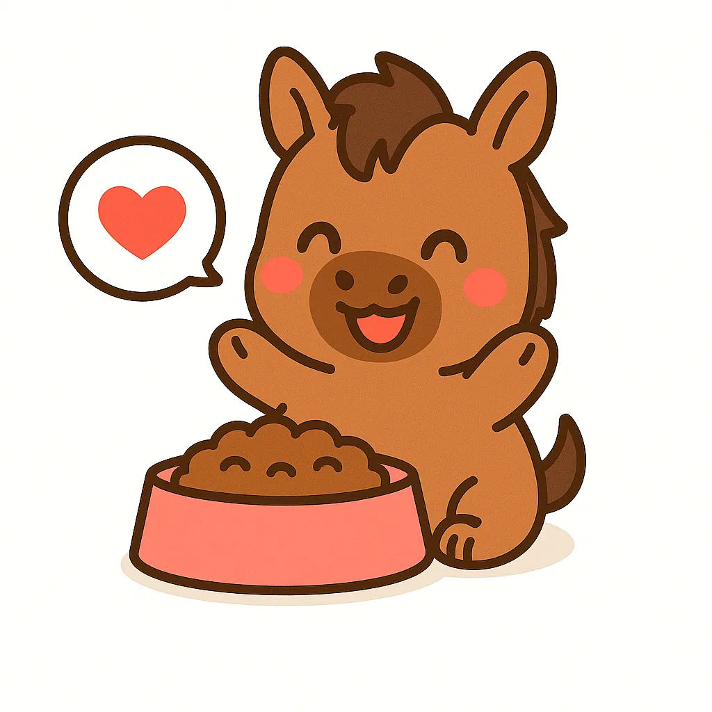 かわいいうま｜茶色い毛並みの馬がピンクの器の前でにっこりと笑っているイラスト。たてがみとしっぽがアクセントになっており、ハートの吹き出しが喜びを表現しています。