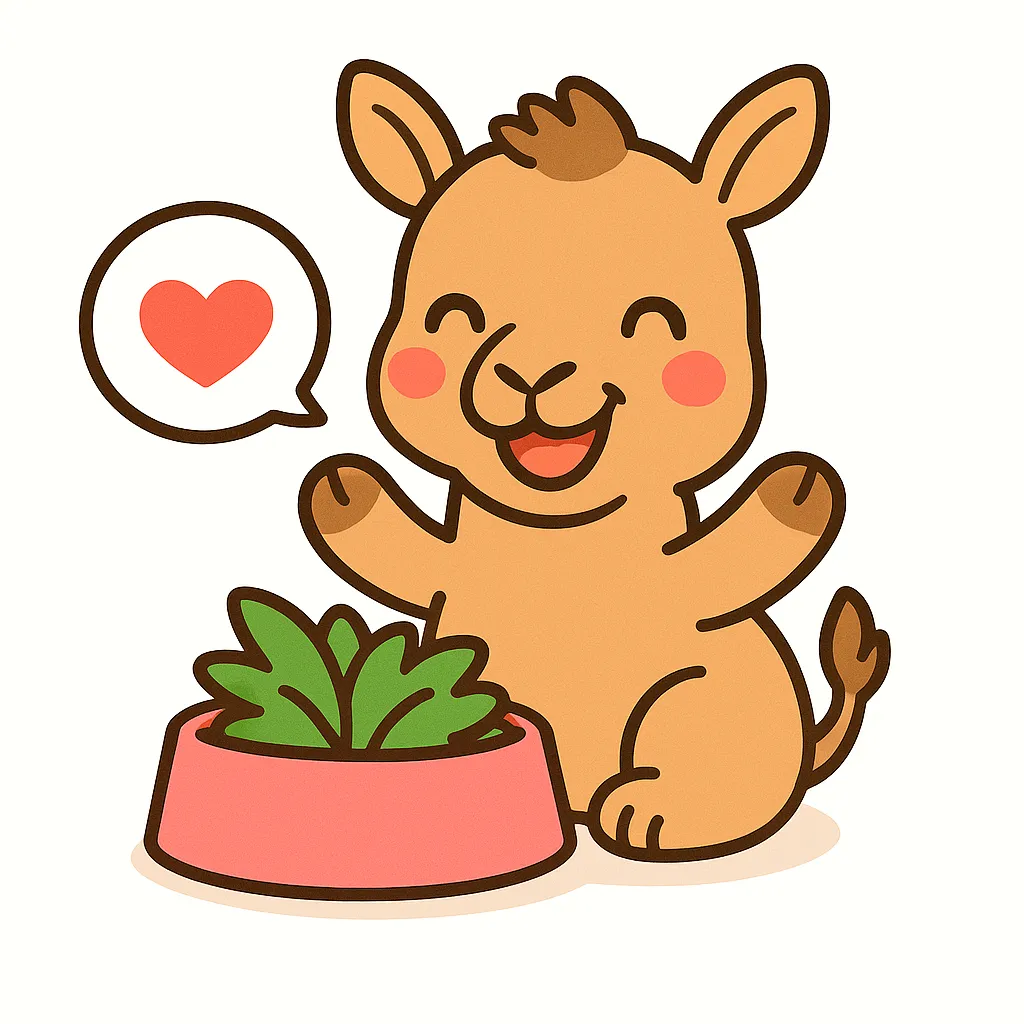 かわいいラクダ｜こぶのあるラクダが、ピンクの器に入った草のごはんを見てにっこり笑うイラスト。長いまつげと赤いほっぺ、ハートの吹き出しが穏やかな雰囲気を引き立てます。