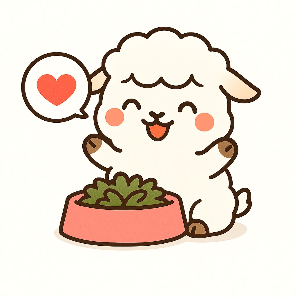 かわいいひつじ｜ふわふわの毛をまとったひつじが、ごはんを前に嬉しそうな表情を浮かべるイラスト。小さな角と赤いほっぺ、ハートマークの吹き出しが温かさを感じさせます。