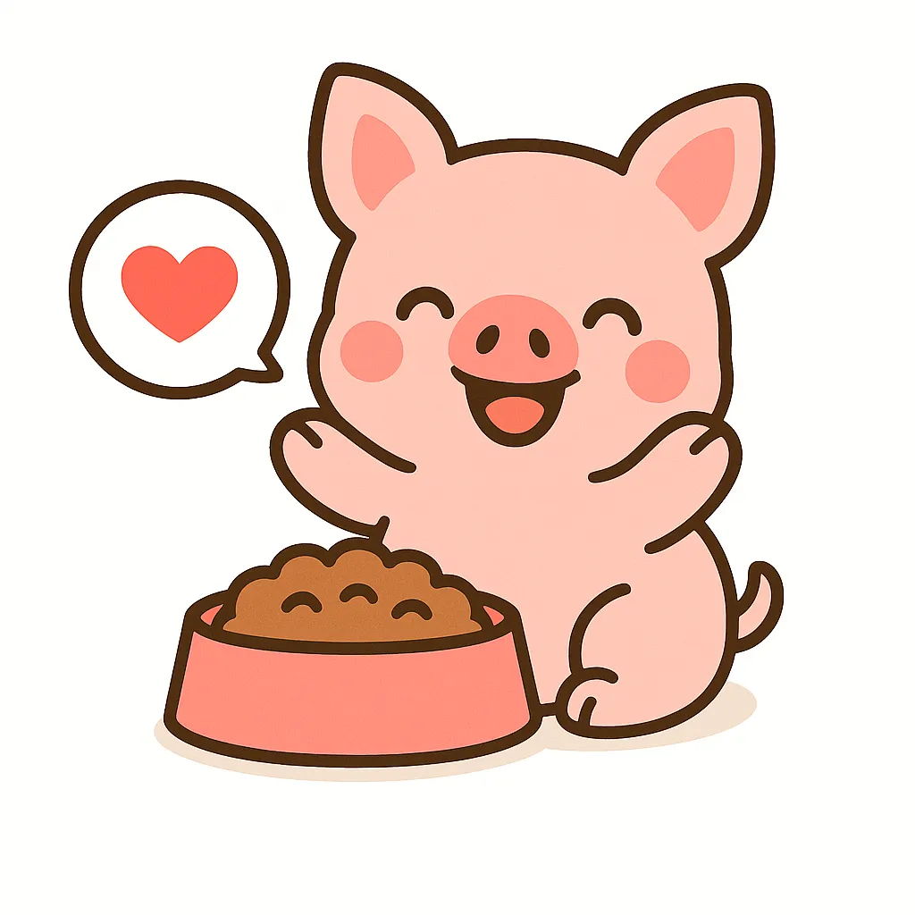 かわいいぶた｜まるっとした体とくるんとしたしっぽが特徴のぶたが、ピンクの器のごはんを前ににっこり笑うイラスト。赤いほっぺとハートの吹き出しで、幸せな食事時間を表現しています。